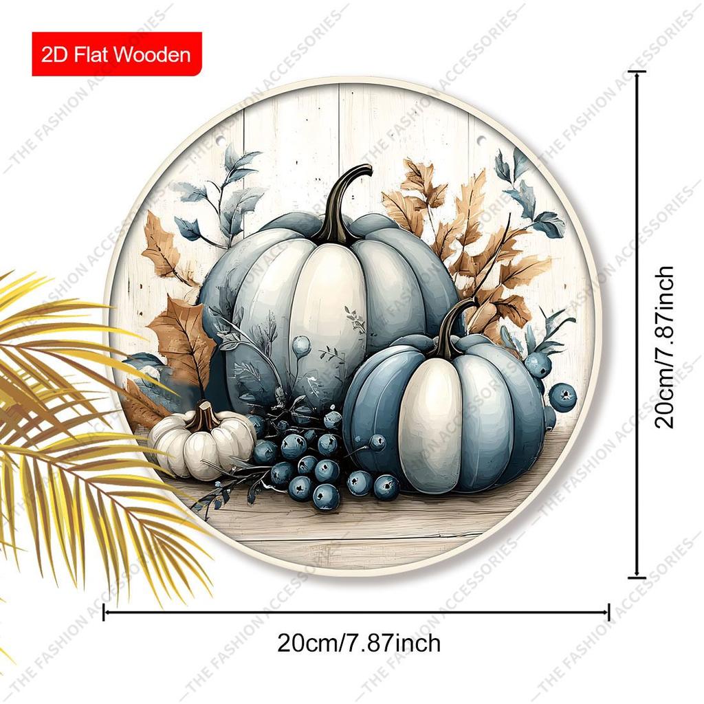 Blue White Pumpkin Round Wooden Hanging Sign, Autumn Door Wall Decor