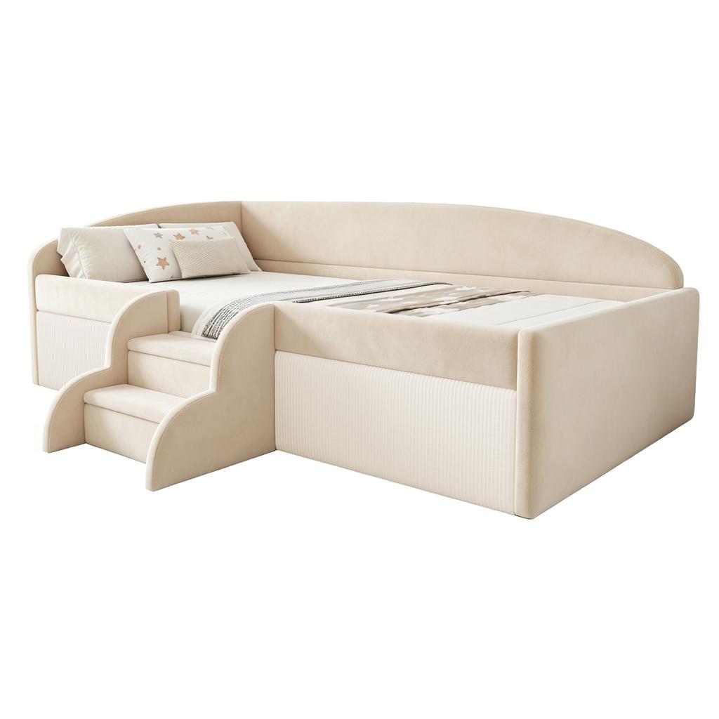 Cama Estofada Cama Infantil 90*190cm, Cama Multifuncional, Com Degraus e Grades de Proteção, Tecido de Veludo Amigo da Pele, sem Colchão Bege