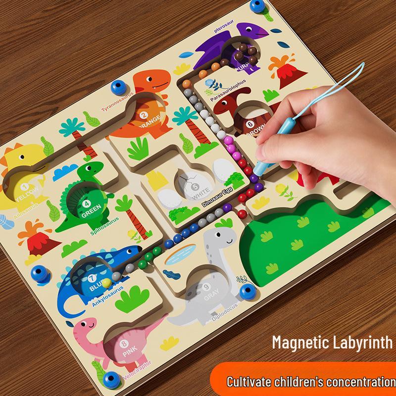 Puzzle Labirint cu Dinozauri: Jucărie magnetică de învățare a culorilor și numerelor pentru copii