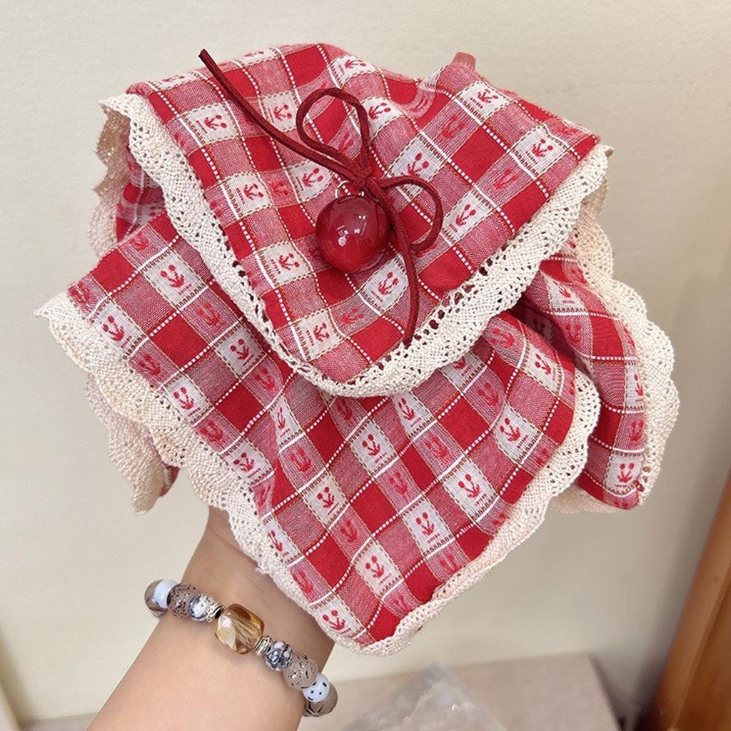 1pc sweet red plaid cherry colon hair ring, high elastic cherry bow square scarf hair ring hair ornament