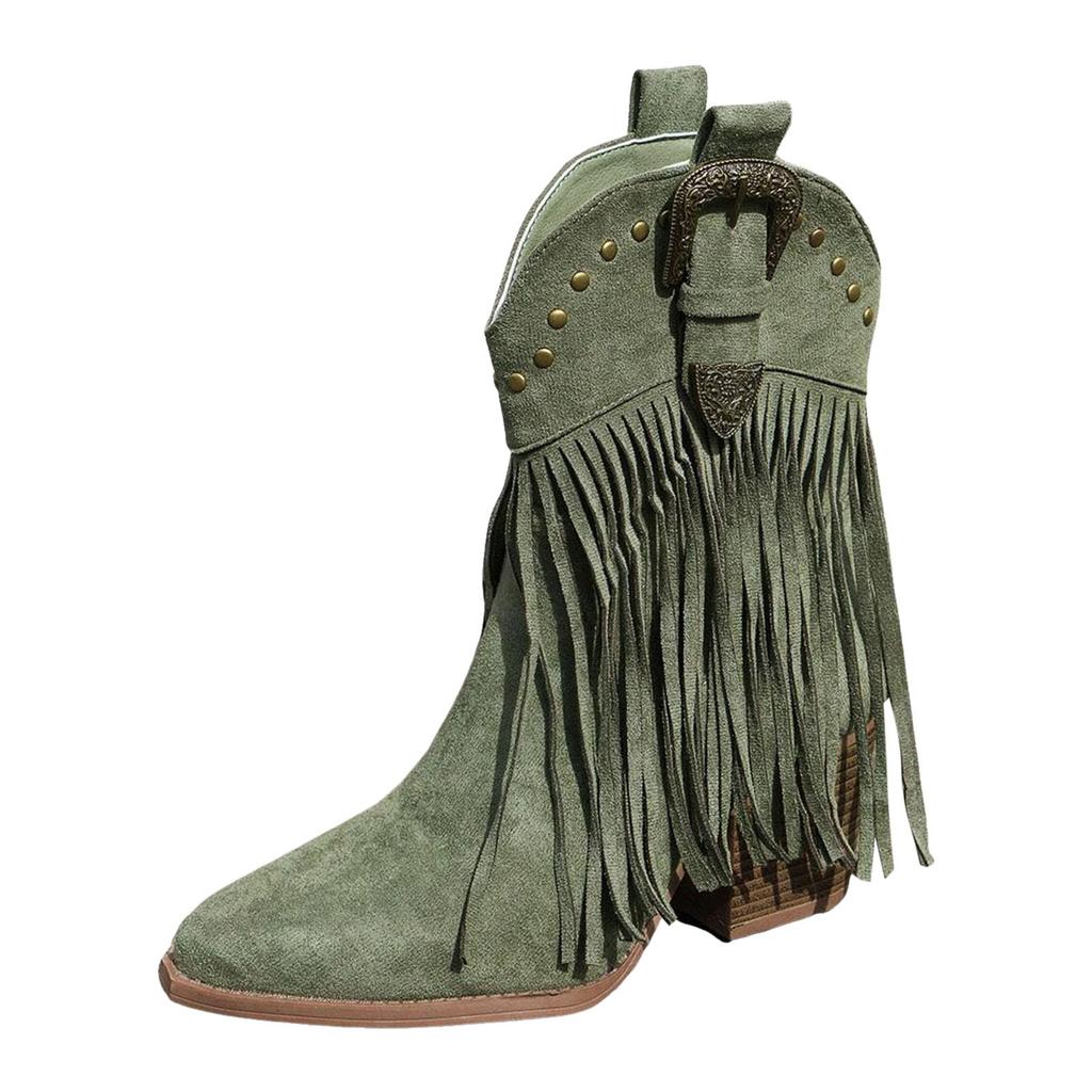 Womens Mid Calf Boots Flat Heel Womens Boots Comfortable Pull On Chunky Heel Pointed Toe Fringed Boots Botas Invierno Mujer