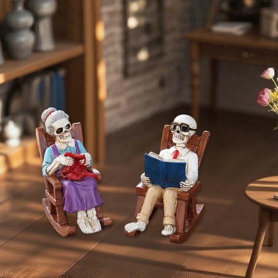Yousheng 2 Pcs Halloween Rocking Chair Skeleton Elderly Statues Small Reading Knitting Skeleton Figurine Resin Craft for Courtyard Lawn Porch Decor