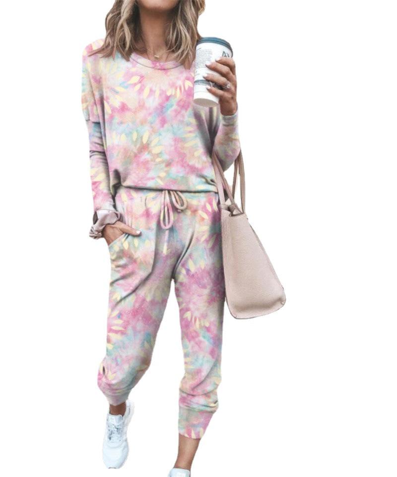 Dámská dvoudílná souprava s batikou na jaro a podzim: Módní ležérní domácí oblečení s dlouhým rukávem