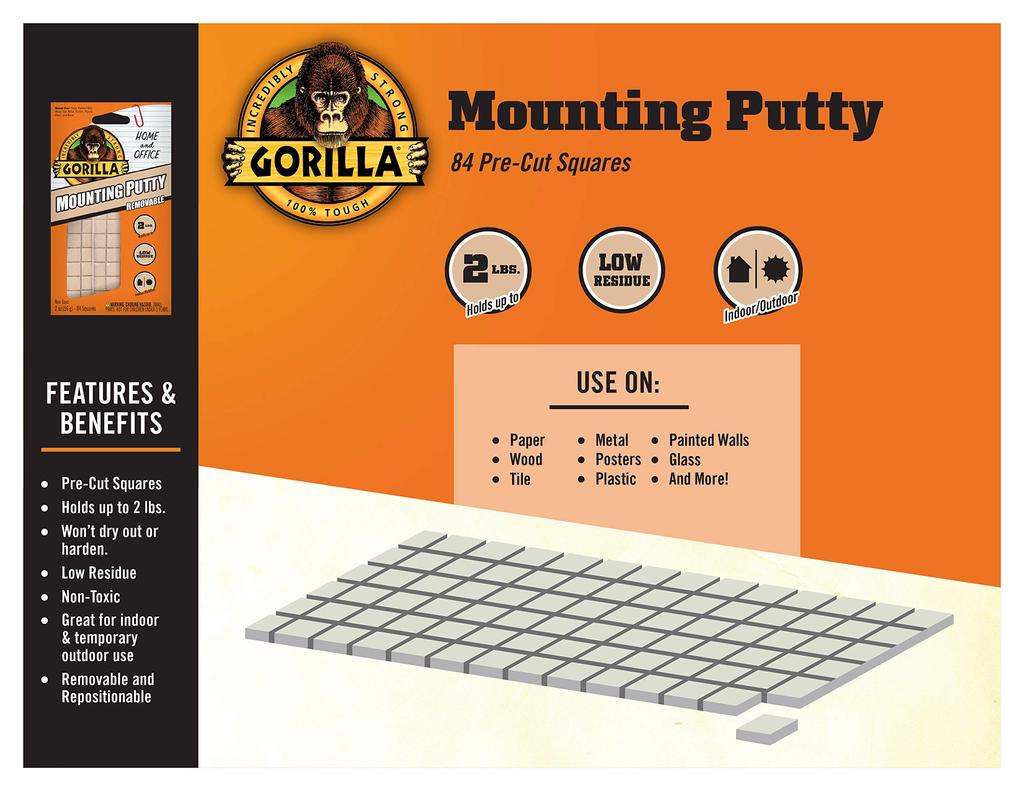 Gorilla Mounting Naturlig 84 Rutor Avtagbar Omplaceringsbar Väggknete Knete, Tan, Förskuren (1 förpackning) - Giftfri, &