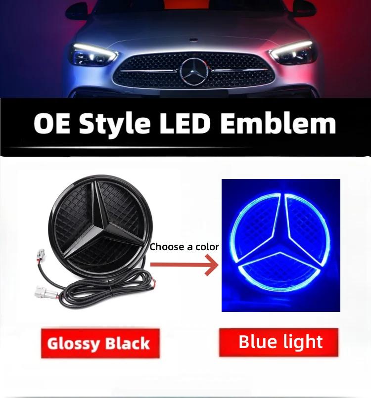 Bilklistremerke Varmt 2026 Nytt For Benz Stjernelogo til Frontgrill for Bil Hvit, Blå og LED-belyst Logo for Mercedes Benz W20