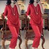 3023 Plus Size Chinese National Style Women's Frog Button Top & Casual Nine-Point Pants Set - Short Sleeve, Split Design for Summer
