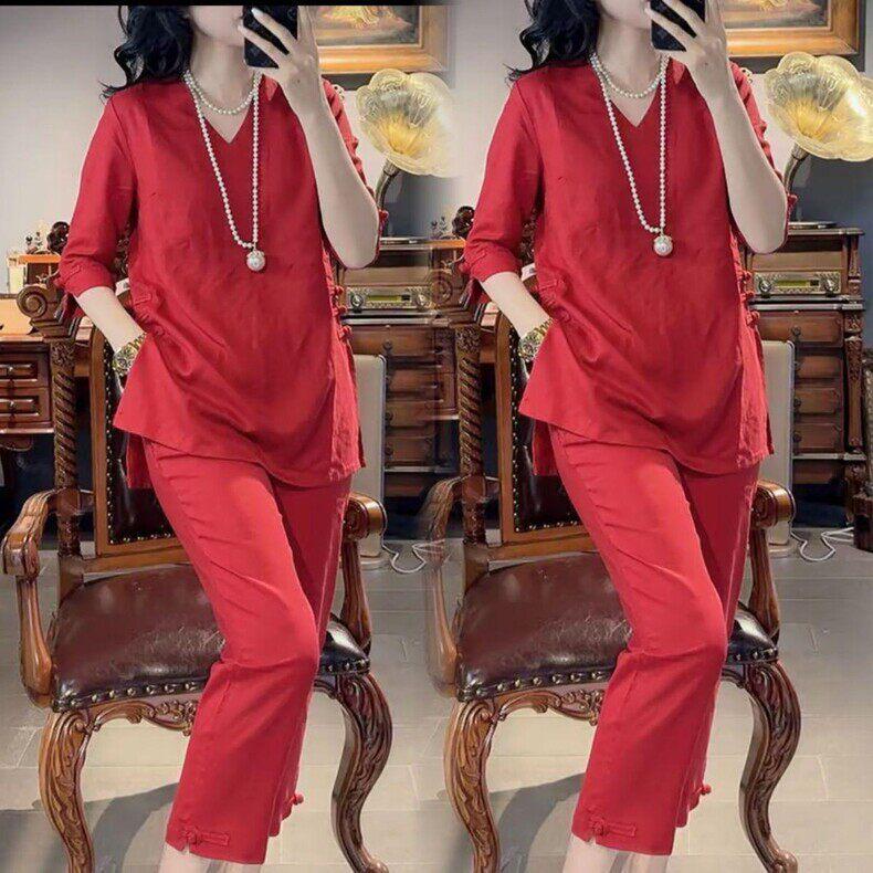 3023 Plus Size Chinese National Style Women's Frog Button Top & Casual Nine-Point Pants Set - Short Sleeve, Split Design for Summer