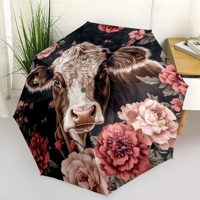 Retro Highland Cow Folding Umbrella Fashion Auto-Open Design 8 Iron Ribs Plastic Handle Foldable Sunshade Perfect Christmas Gift