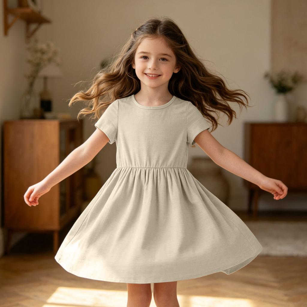 Mädchen Kurzarmkleid Lässig Lockerer Schnitt Atmungsaktive Baumwoll-Leinen-Mischung Sommerkleid mit Raffung in der Taille und Rundhalsausschnitt für den täglichen Gebrauch