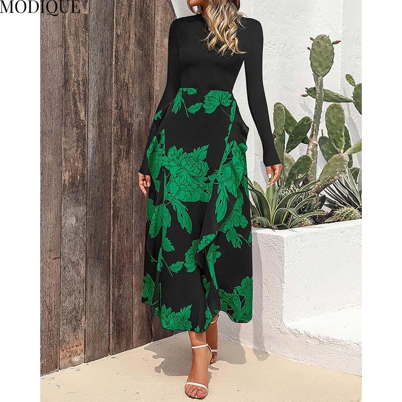 MODIQUE 2025 Spring New Women's Casual Vintage Floral Printing Patchwork Long Dress Ladies A-Line Long Sleeve O-Neck Dress