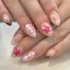 24PCS Short Almond Press On Nails with Glue Red Star Leopard Print Pattern French Fake Nails for Women Sweet Cool False Nail Art