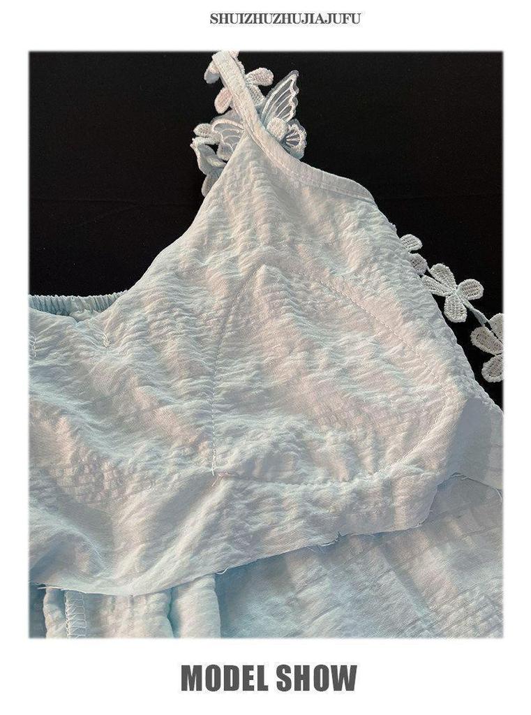 2026 Women's Summer Nightgown: Built-in Bra, Cloud Cotton, Butterfly Flower, Spaghetti Strap, Sexy Home Wear Set