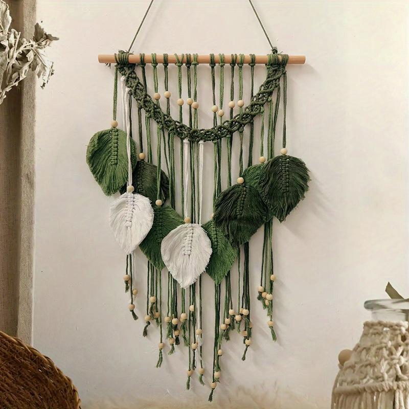 Decorațiune de perete macrame - Tapiserie de perete frunză verde salvie lucrată manual, Decorațiuni boho pentru dormitor, sufragerie, baie, Decor de cameră în stil pământesc