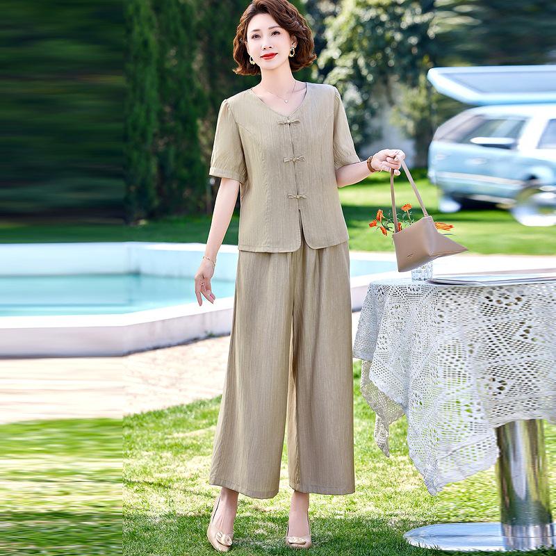 

New 2026 Chinese Style Summer Outfit for Mom - Casual National Style Two-Piece Set with Wide-Leg Pants, for Middle-Aged and Elderly Women. 4XL (suggested 130-145 jin)