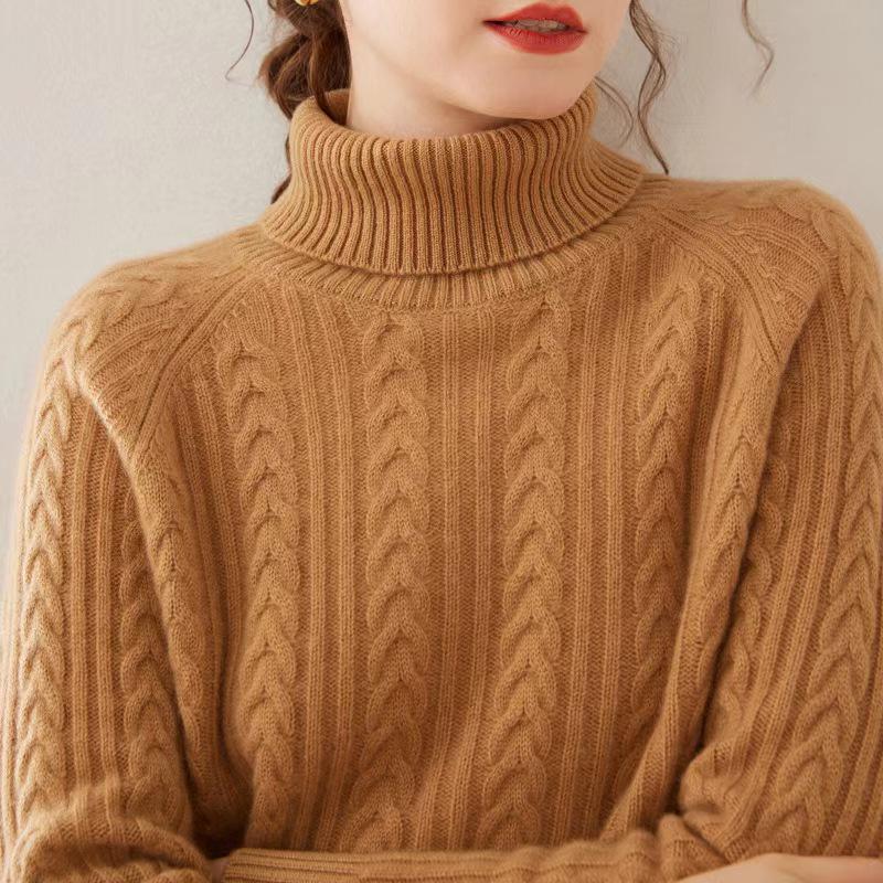 Women's High Neck Wool Cable Knit Sweater - Thick, Solid Color Base Layer, Warm Cashmere Knitwear for Autumn and Winter.