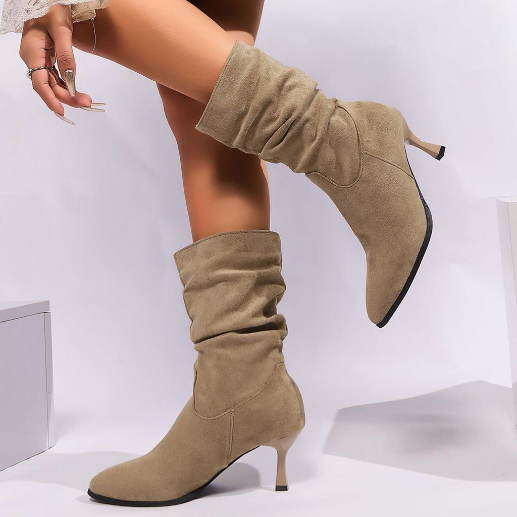 Fashion 2024 New Knee-High Women Boots Slip On Modern Boots Women Comfortable Pleated Pointed Toe Thin Heel Shoes Shoes for Women