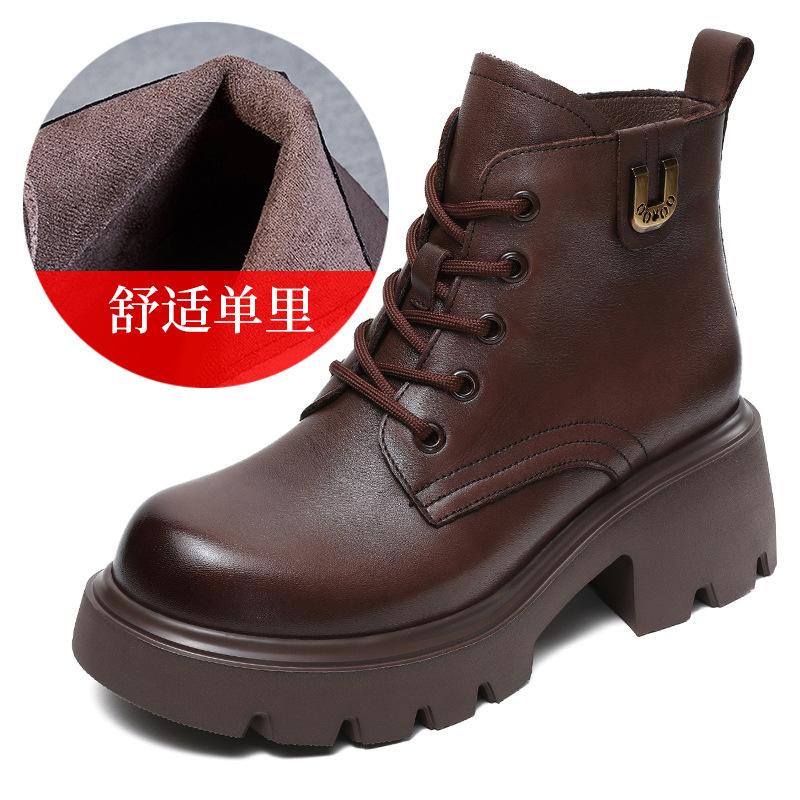 Leather Martin boots women's autumn and winter single boots 2026 new velvet thick heel platform short boots