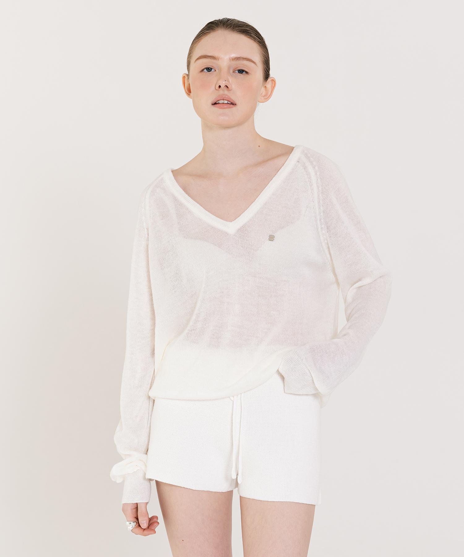 Ingi Active See-Through Metal Logo Sleeve Knit Ivory One