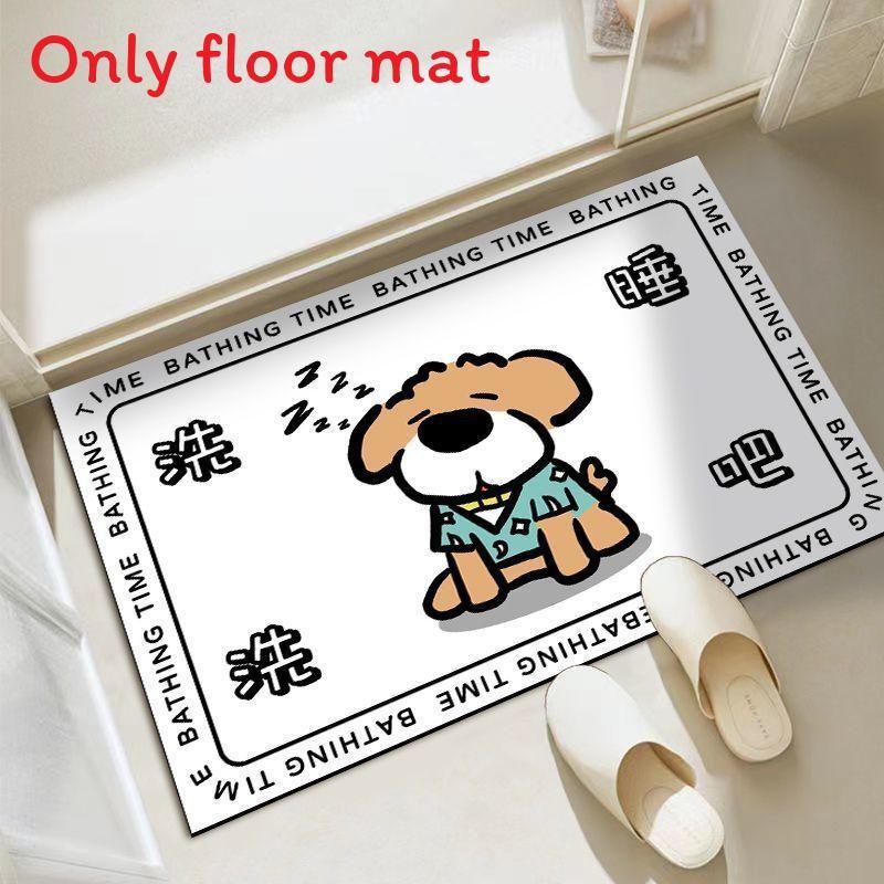Cute Dog Cartoon Cat Checkered Pattern Diatom Mud Cushion Kitchen Carpet Toilet