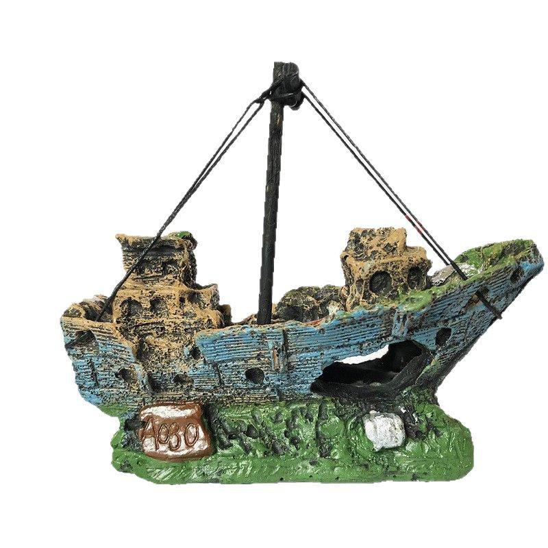 Reptile & Aquatic Decor Set: Resin Ship & Castle Ornaments with Simulated Plants