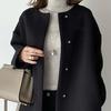 סתיו חורף נשים ז'קט מכופתרת צוואר עגול משוחרר שרוולים ארוכים ישר מעיל צמר באורך בינוני בגדים עליונים בצבע טהור לנסיעות דייטים ונשף
