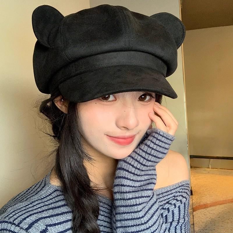 Women's Sweet Bear Ears Suede Octagonal Beret - Cute, Versatile Autumn/Winter Hat for a Flattering Fit