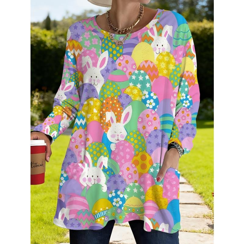 Women s Plus Size Easter Bunny Egg Pattern Loose Long Sleeve T-Shirt with Pockets S