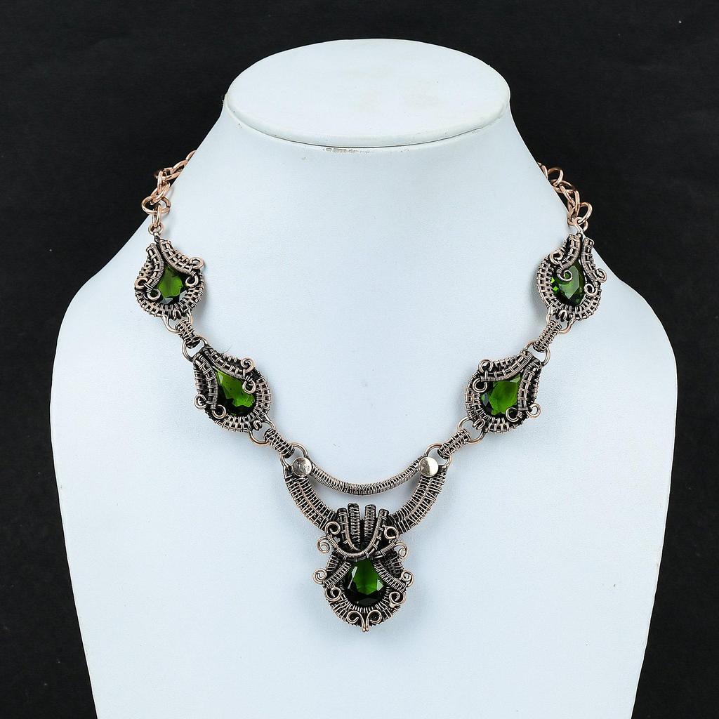 Peridot Drahokam Ručně vyráběný Čistá Měď Drátový Oplet Šperky Náhrdelník Pro Ženy