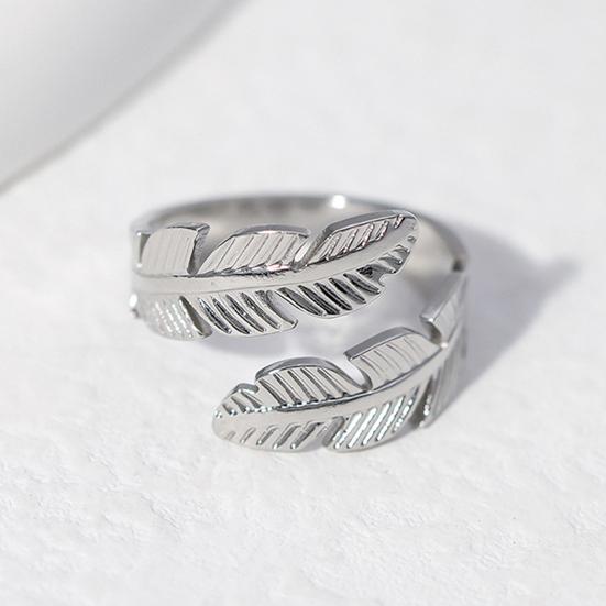 Finger Ring Feather Shape Open Adjustable Fit Women Ring Stainless Steel Texture Freedom Lightness Symbol Stacking Layered Base Ring