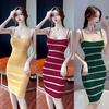 Hong Kong Style Sweet and Sexy Chest Suspender Striped Slim and Thin Hip-wrapped Knitted Medium and Long Bottoming Dress