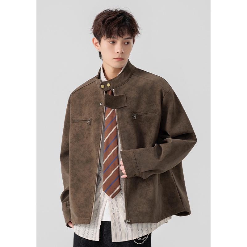 

Men s Retro American Tie-Dye PU Leather Jacket - Warm, Trendy, Stand-Up Collar for Autumn 4XL