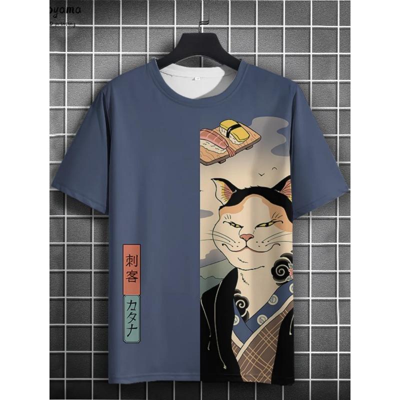 Japanese Samurai Cat 3D Printed T-Shirts for Men Short Sleeve Tee Casual Loose Harajuku Men's Clothing Oversized T-Shirt Tops