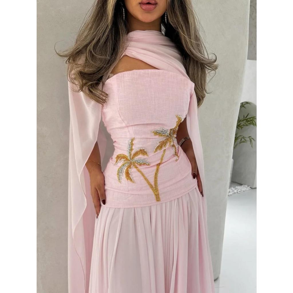 Spring Women's Sexy Chiffon Beaded Cape Evening Gown, European & American Style Formal Dress for Crossborder