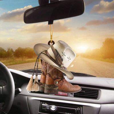 2D Car Rearview Mirror Accessories, Kurilai Creative Boots And White Hats Car Hanging Ornament, Flat Acrylic Pendant For Home Decoration Keepsake