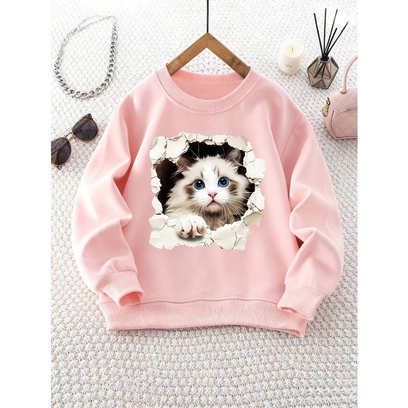 Girls' Crew Neck Sweatshirt | Random Print Cat Hole Long Sleeve Top, Casual Style, Perfect for Fall/Winter