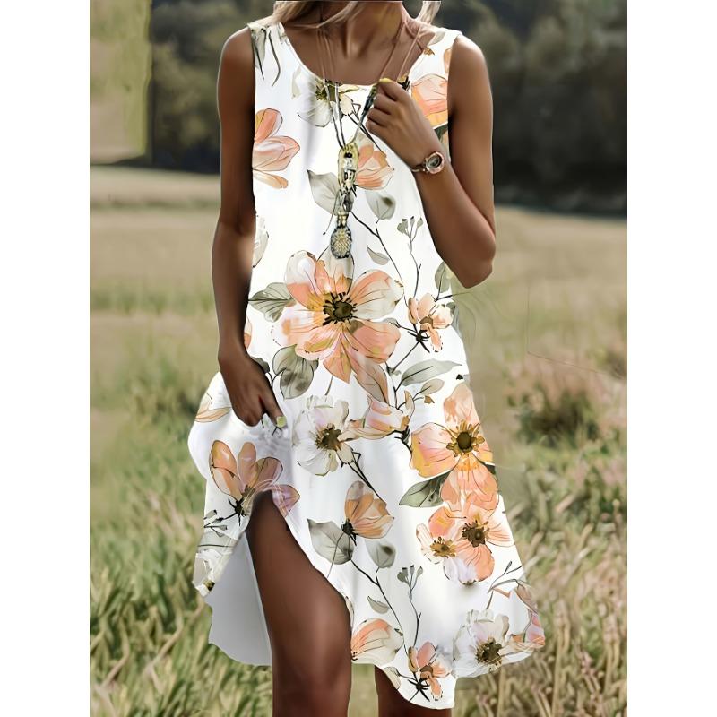 Women s sleeveless A-line tank top, floral print dress, geometric gradient print style, casual and comfortable round neck T-shirt S