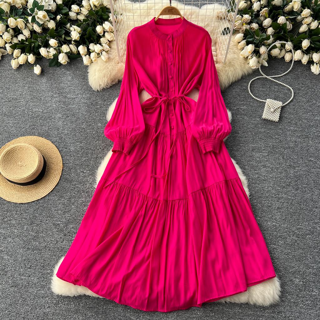Frenchic Vintage Maxi Dress Women Stand Collar Lantern Sleeve Lace-up Female A-line Elegant Dresses Spring Autumn