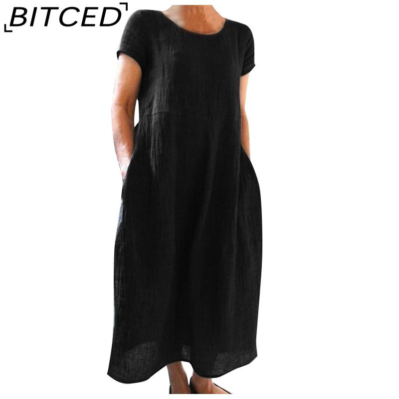 

BITCED Женская мода лето весна однотонный принт с коротким рукавом и круглым вырезом с высокой талией повседневные платья S чёрный