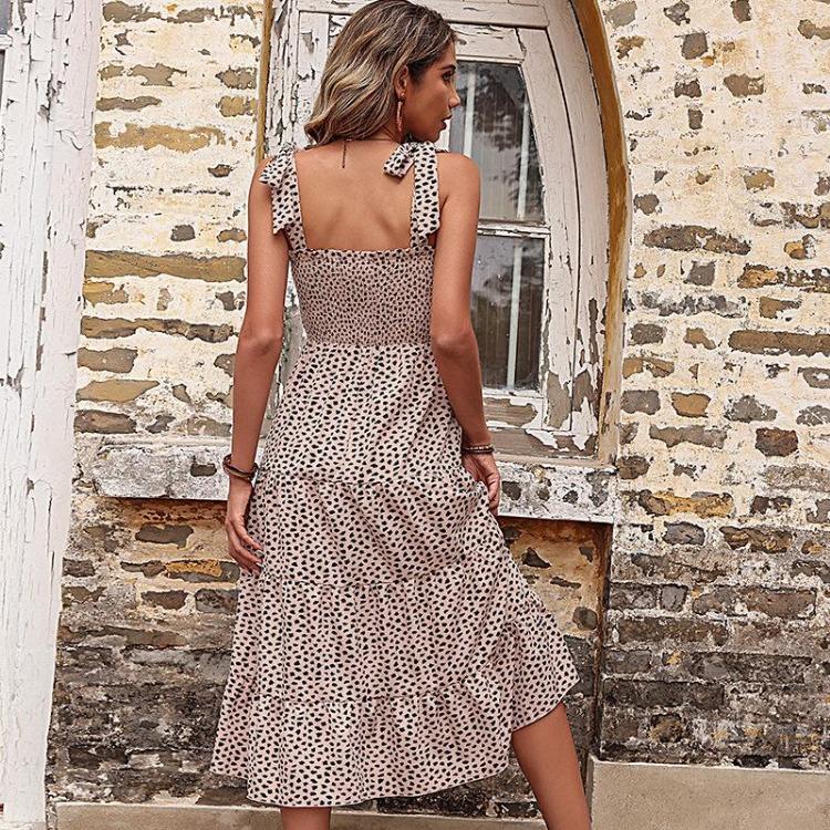 Summer Women Leopard Print Halter Neck High Waist A Line Dress with Ruffled Strap