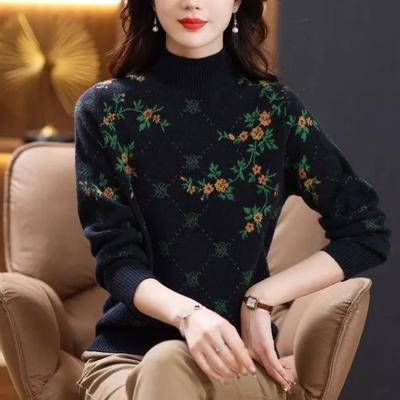 Women's Autumn and Winter Half-high Neck Jacquard Knit Base Layer Long-sleeved Loose-fitting Pullover Sweater