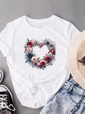 (Asian Size)  Watercolor Love Flower Print Short Sleeve T-shirts Fashion Female Casual Women's Top T Clothing  Graphic Tee