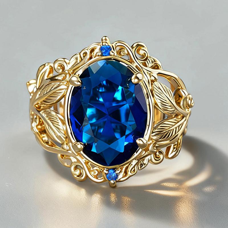 Huitan Luxury Gold Color Women Ring Inlaid Shining Blue Oval CZ Aesthetic Leaf Design Party Wedding Accessories Charming Jewelry