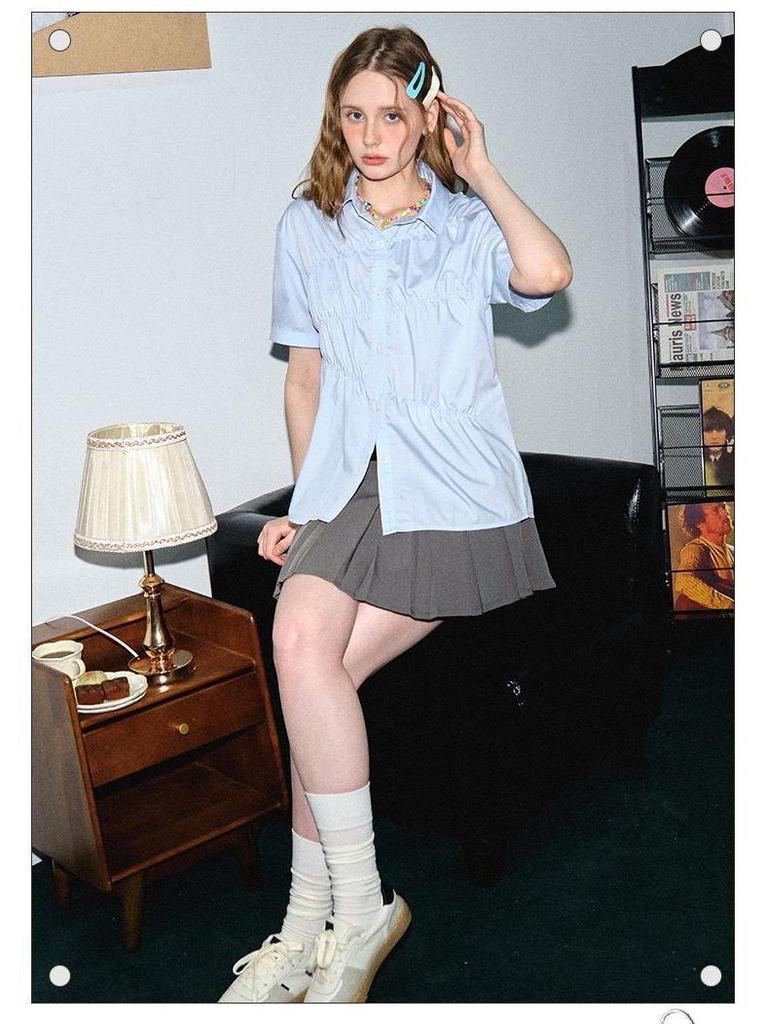 Damen NEOTCG Sommer Blau Plissee Kurzarmhemd - Neues Design, Trendy, Lockerer Schnitt, Hochwertiger Lässiger Stil