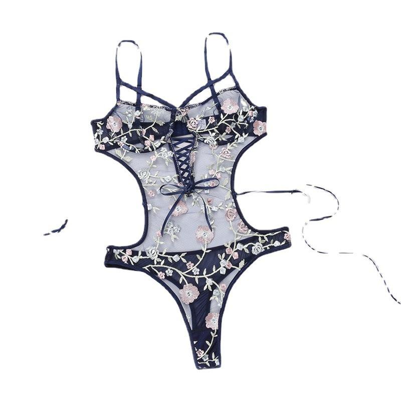 Neuer heiß verkaufter Damen-Einteiler mit Trägern, Mesh, bestickt, sexy Unterwäsche