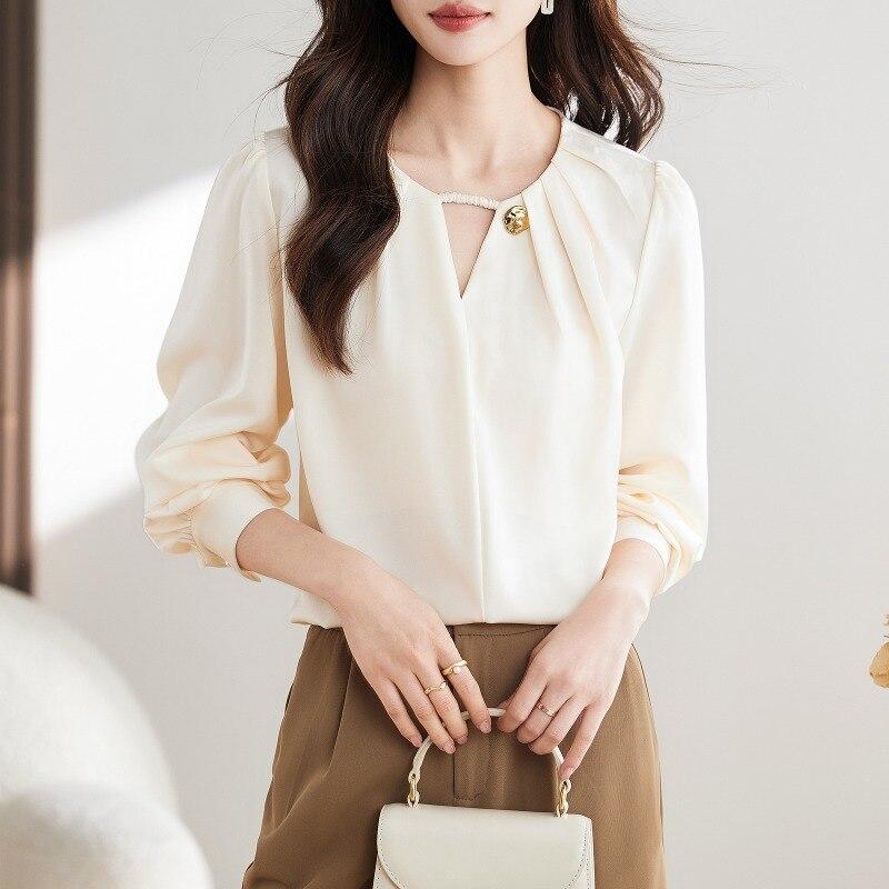 Office Lady Elegant Woman Skjorta Mode Chiffong Dam Blus Långärmad V-hals Kvinna Toppar Bottoming Kvinnliga Kläder 29311