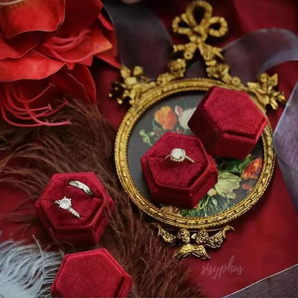 1pc-Vintage Hexagonal Jewelry Double Ring Box Empty Box Engagement Wedding Ceremony Valentine's Day Gift Organizer