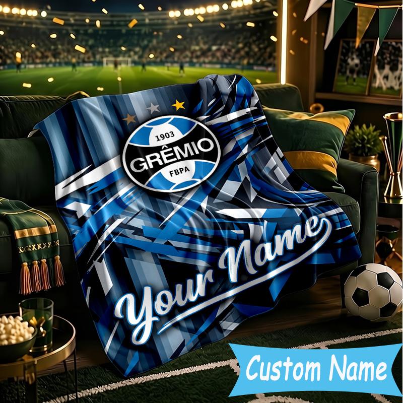 Custom Name Gremio Football Club Emblem Flannel Blanket, Use for Birthday/Holiday Gift, Soft Blanket for Sofa/Bed/Camping/Office, Home Decor