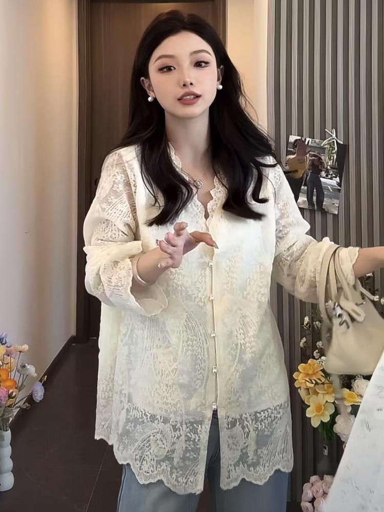 Stylish Women's Chinese-Style Vest & Lace V-Neck Long Sleeve Blouse Set