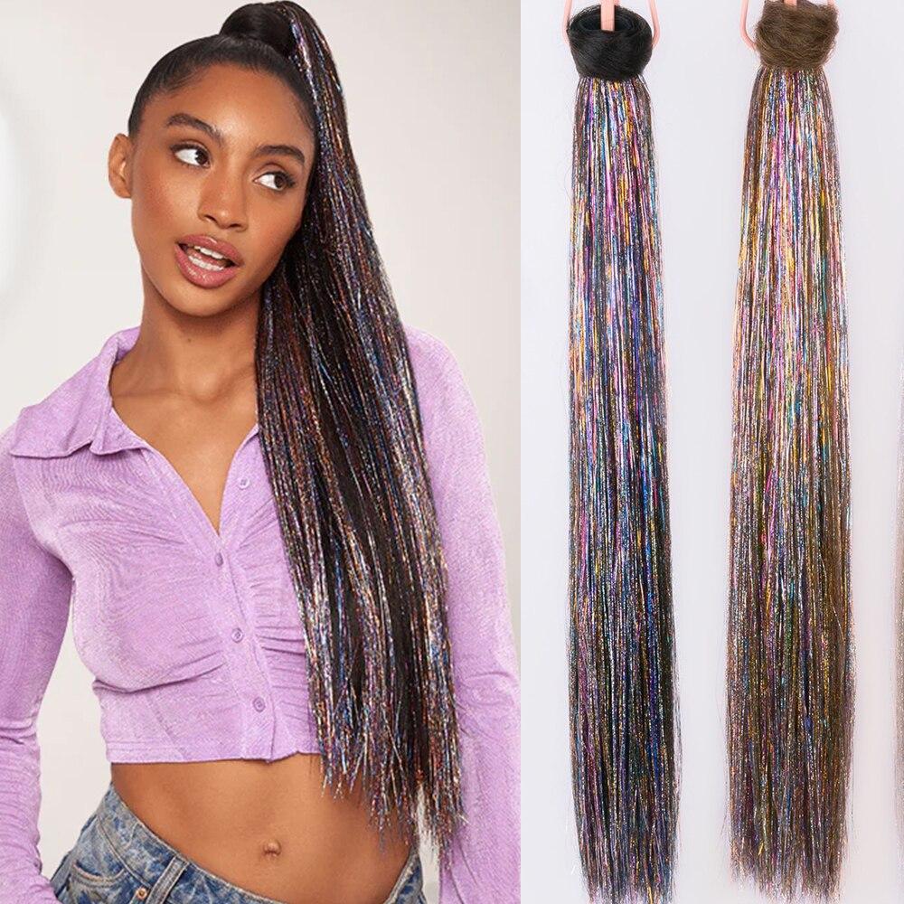 

XINRAN женские длинные прямые мерцающие хвостики синтетические термостойкие волокна для наращивания волос 22 дюйма обертывание вокруг блестящего шиньона