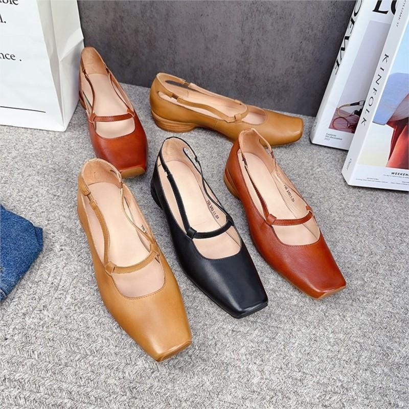 Johnature Echtes Leder Retro-Pumps mit niedrigem Absatz, Damenschuhe, quadratische Zehen, flache, bequeme Loafer-Schuhe